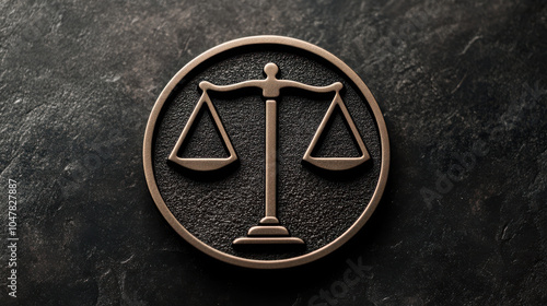 A bronze emblem of balanced scales symbolizing justice and law. photo