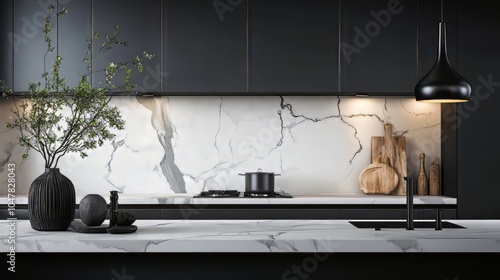 Kitchen marble bench close up with black hanging pendant and vase. Modern kitchen. Ultra realistic. Photorealistic