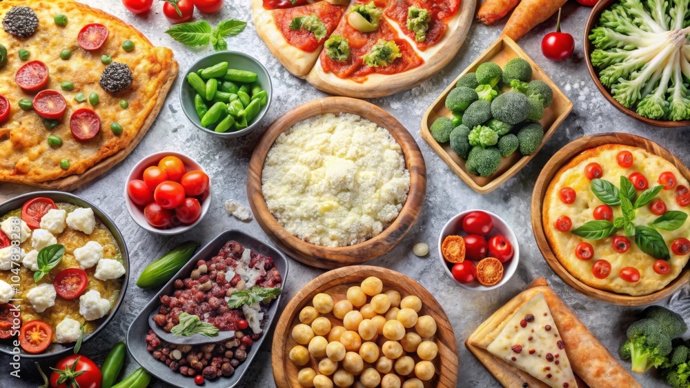 Assortment of frozen foods including pizzas, vegetables, and ice cream , frozen, products, assortment, pizza, vegetables Assortment of frozen foods including pizzas, vegetables, and ice cream , frozen, products, assortment, pizza, vegetables
