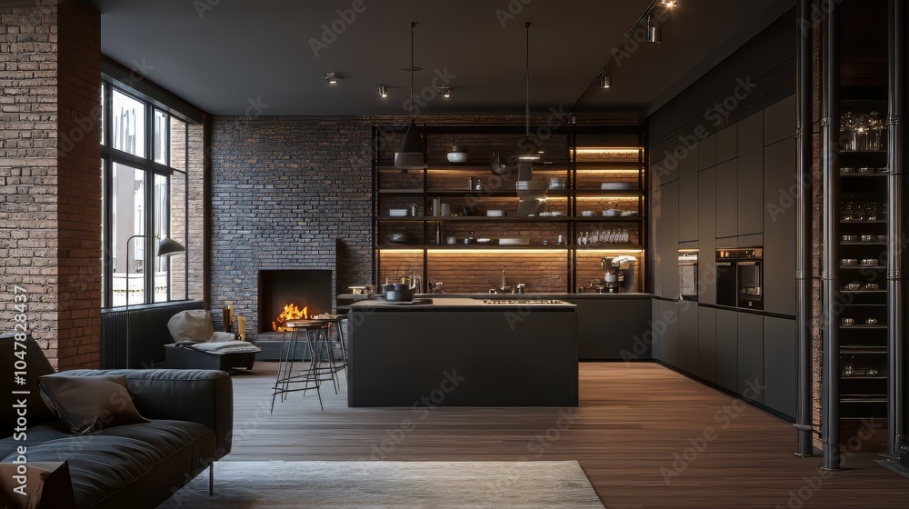 Image showcasing Ultra-realistic luxury loft-style studio apartment with open layout in ...