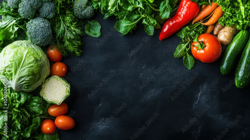 A vibrant assortment of fresh vegetables arranged on a dark surface, highlighting healthy eating. A vibrant assortment of fresh vegetables arranged on a dark surface, highlighting healthy eating.
