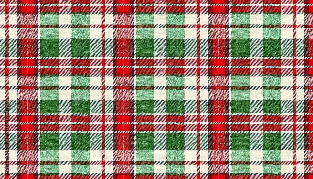 Festive wrapping paper background featuring a classic red and green plaid pattern with white accents Festive wrapping paper background featuring a classic red and green plaid pattern with white accents
