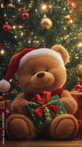 Wallpaper Mural Adorable Teddy Bear Dressed in Christmas Decorations Sitting in Front of a Festively Decorated Tree, Creating a Cozy Holiday Atmosphere with Gifts and Soft Lighting Torontodigital.ca
