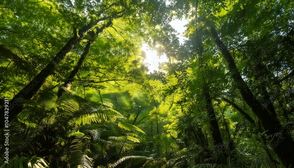 Fototapeta premium Sunlight Filtering Through Lush Green Forest Canopy