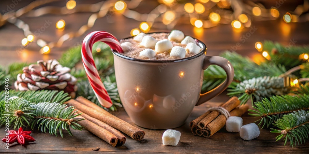 Cozy mug of hot chocolate with marshmallows and candy cane perfect for winter evenings, hot chocolate, mug, cozy