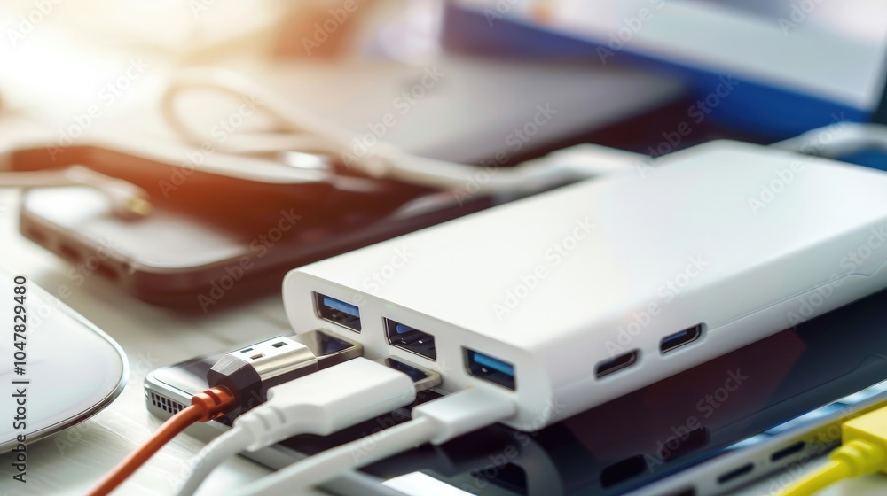 Sleek USB hub with multiple ports connected to various devices, showcasing modern design and functionality in a tech-focused setup. Sleek USB hub with multiple ports connected to various devices, showcasing modern design and functionality in a tech-focused setup.