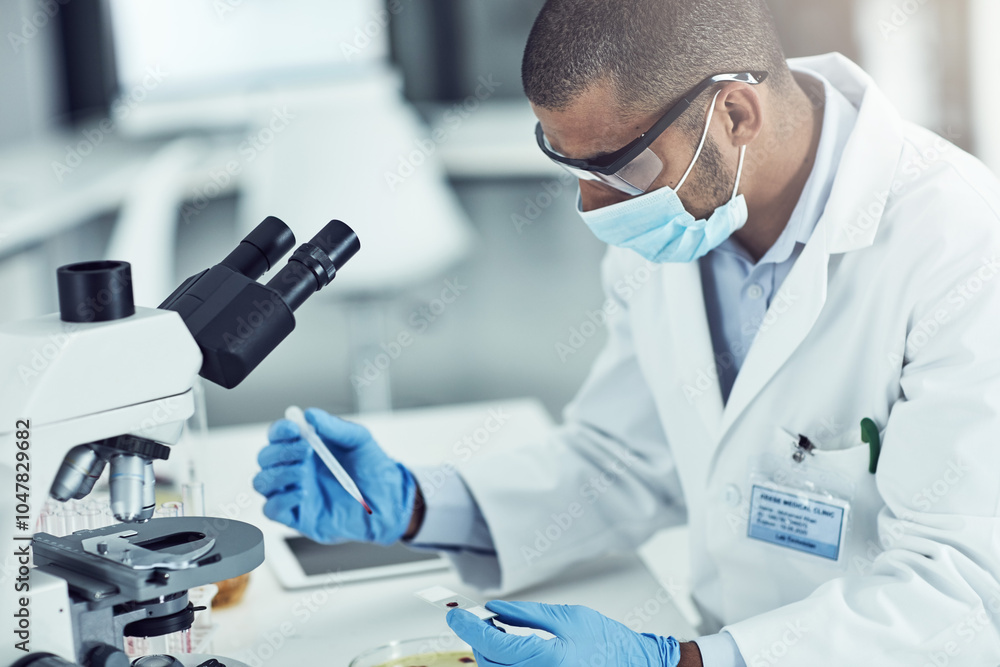 Man, science and drop blood sample in lab with petri dish, film or research for mpox vaccine development. Person, trial and liquid with face mask for safety, study or check with review for medicine Man, science and drop blood sample in lab with petri dish, film or research for mpox vaccine development. Person, trial and liquid with face mask for safety, study or check with review for medicine