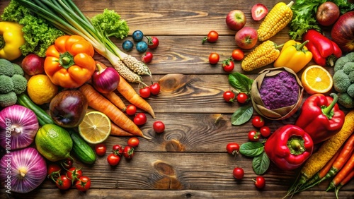 Colorful fruits and vegetables on rustic wooden table with copy space , fresh, vibrant, healthy, organic, farm, market