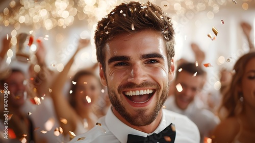 Joyful Group of Friends in Festive Attire Dancing Enthusiastically Under Colorful Disco Lights at a Vibrant New Year s Eve Party Event photo