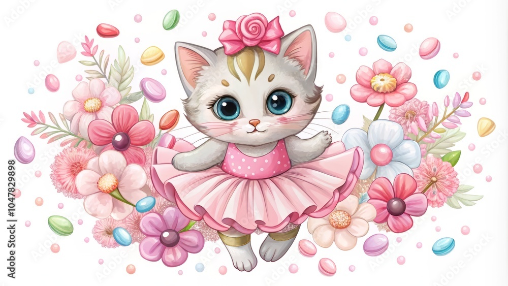 Little Kitten in Pink Tutu Ballerina Costume Surrounded by Colorful Candy for a Sweet Delightful Scene Little Kitten in Pink Tutu Ballerina Costume Surrounded by Colorful Candy for a Sweet Delightful Scene