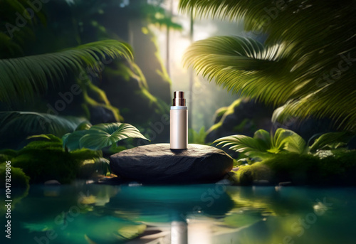 A white bottle rests on a rock in a lush green jungle setting. photo