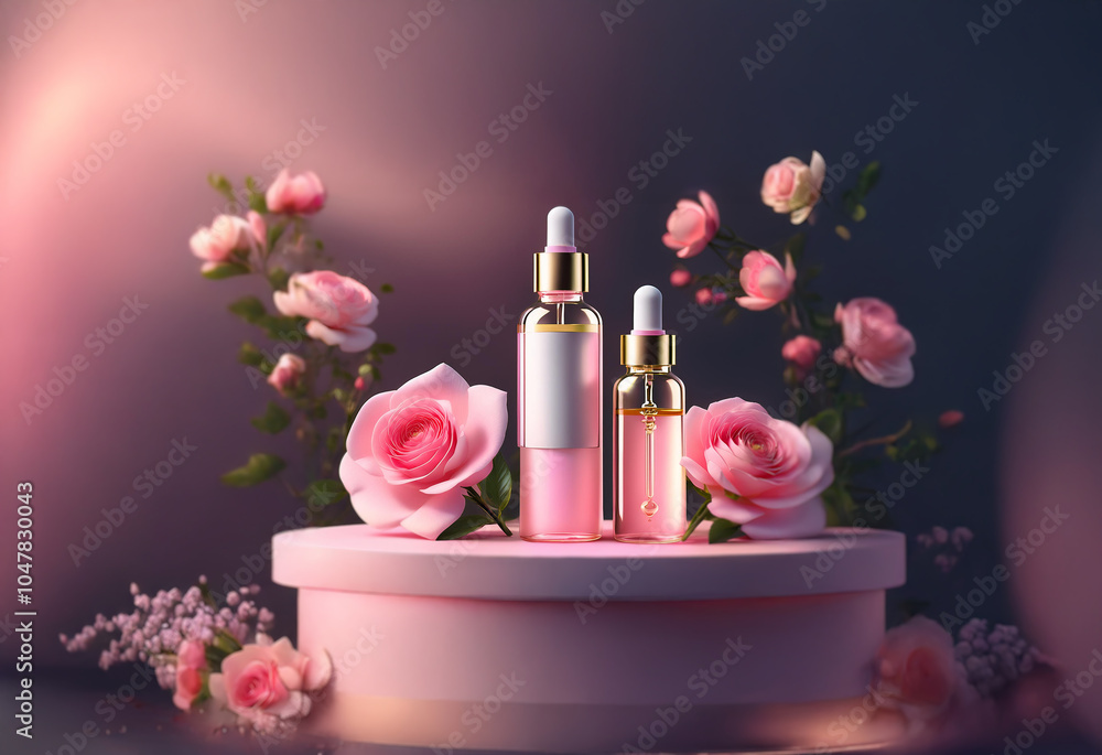 Two bottles of skincare products are displayed on a pink platform surrounded by pink roses against a pink and blue gradient background. Two bottles of skincare products are displayed on a pink platform surrounded by pink roses against a pink and blue gradient background.