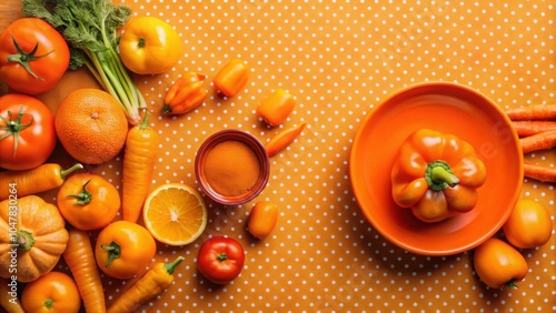 Orange fruit and vegetables arranged on orange polka dot tableware, with a color blocking aesthetic, Orange