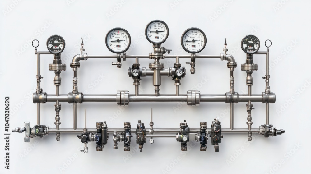 Detailed view of oil refinery piping system with pressure gauges, isolated on white background Detailed view of oil refinery piping system with pressure gauges, isolated on white background