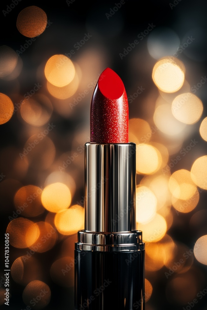 Red lipsticks with shimmering finish showcased against a blurred glowing background in an elegant display of luxury and beauty Red lipsticks with shimmering finish showcased against a blurred glowing background in an elegant display of luxury and beauty