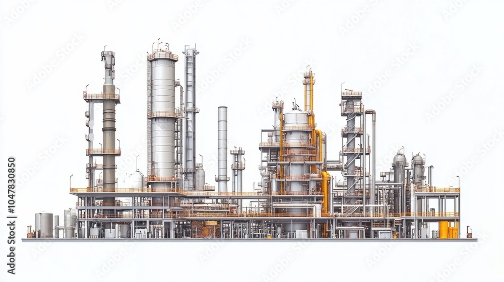 Detailed view of oil refinery process towers and connecting pipes, isolated on white background Detailed view of oil refinery process towers and connecting pipes, isolated on white background