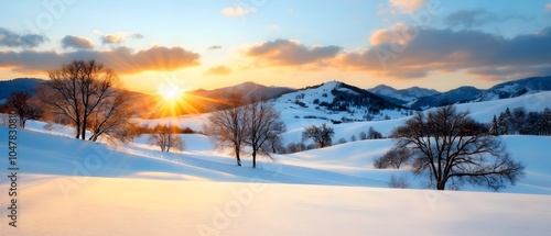 Breathtaking winter landscape with snow covered trees and rolling hills beneath a golden sunset sky Tranquil and serene countryside scene in the peaceful frosty season