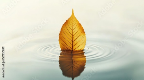 A single golden leaf floating on tranquil water, captured in a minimalist shot that symbolizes peace and natural elegance