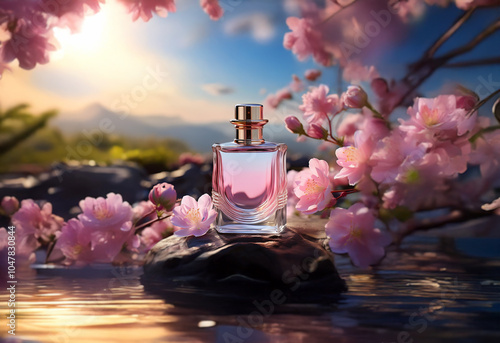 A bottle of perfume sits on a rock surrounded by pink cherry blossoms with a scenic mountain view in the background. photo