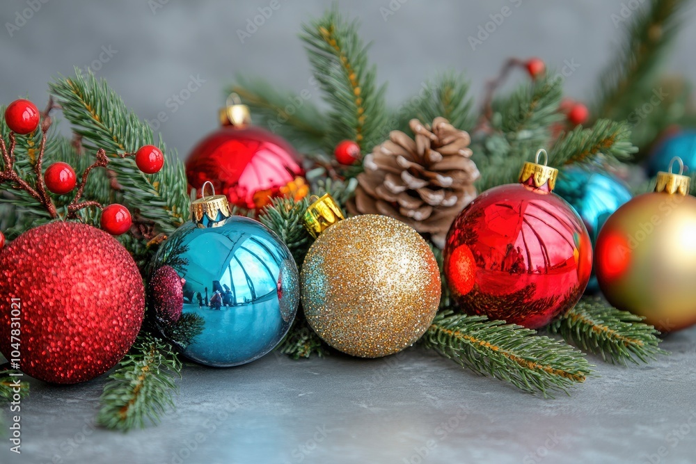 Christmas or New Year decoration background: fur-tree branches, colorful tinsel glass balls on gray background with space Christmas or New Year decoration background: fur-tree branches, colorful tinsel glass balls on gray background with space