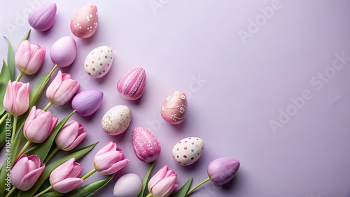 Easter eggs and pink tulips on purple background