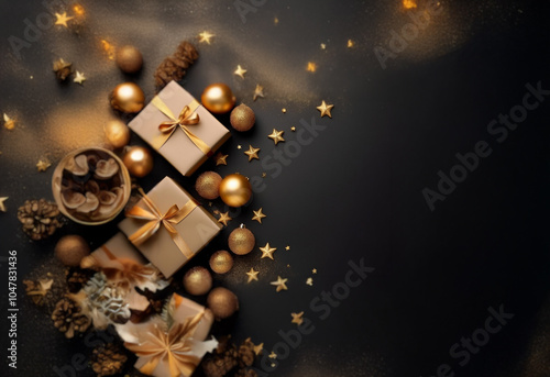 A flat lay featuring golden Christmas ornaments, pine cones, and wrapped gifts on a dark background with bokeh lights. photo