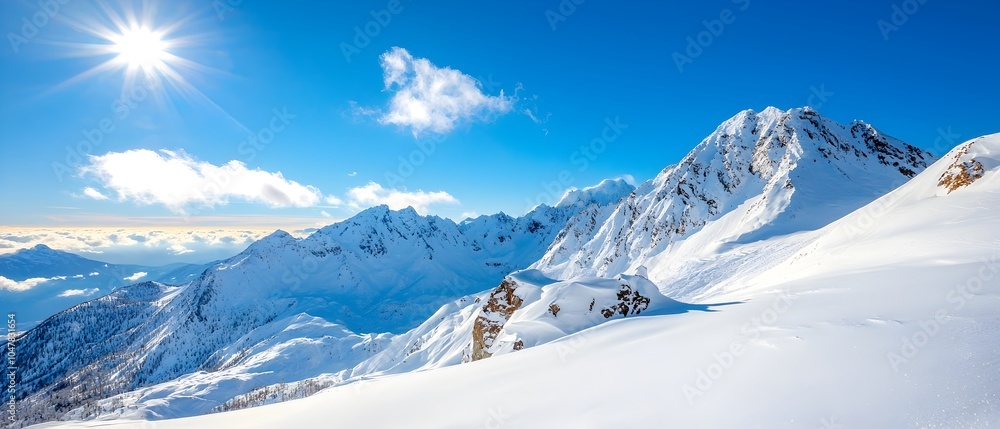 Obraz premium A breathtaking panoramic view of snow covered mountain peaks reaching towards the vast endless blue sky with rolling clouds casting dramatic shadows across the rugged craggy terrain