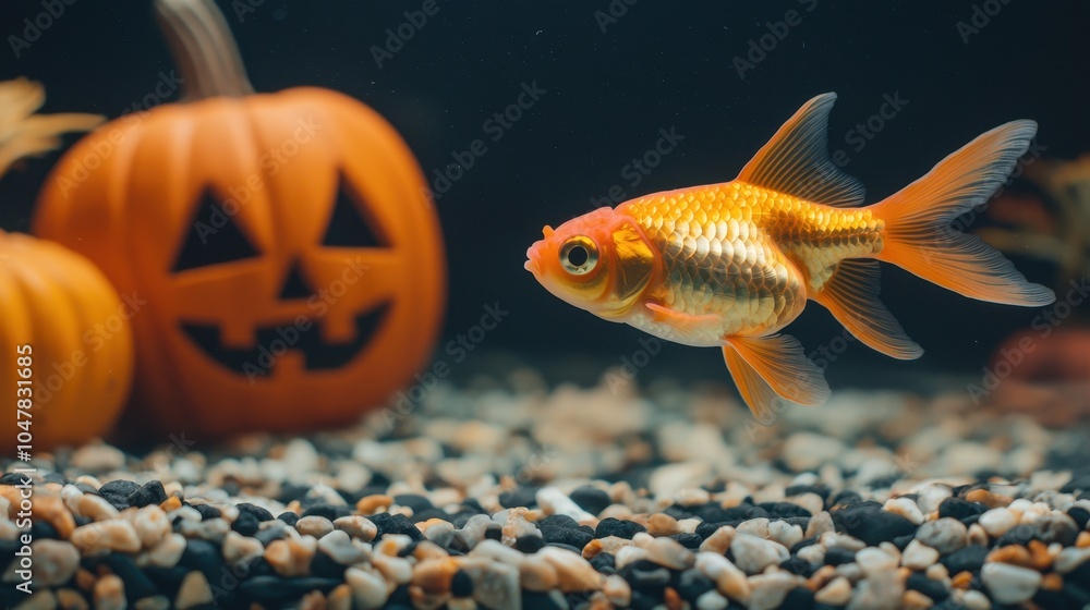 Naklejka premium Goldfish swimming gracefully near a Halloween pumpkin in a decorated aquarium.