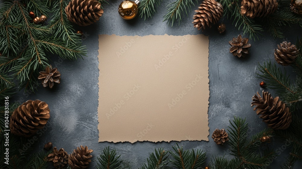 Blank paper surrounded by festive decorations on a grey surface with pine cones and wooden ornaments for Christmas crafting ideas Blank paper surrounded by festive decorations on a grey surface with pine cones and wooden ornaments for Christmas crafting ideas