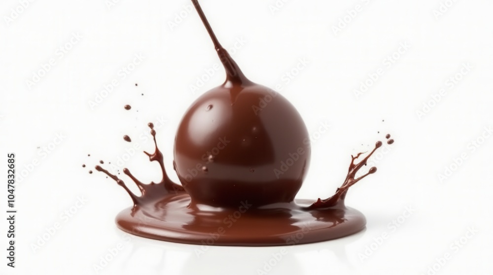 Fototapeta premium Chocolate ball with sauce splashing in air dessert concept with dark chocolate isolated on white background
