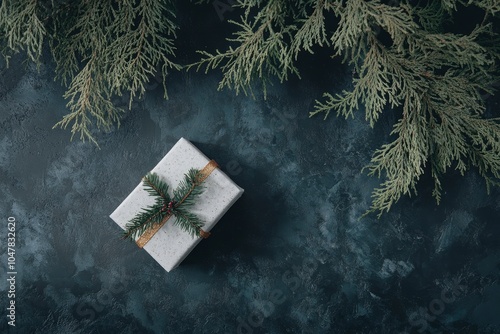 overhead view on spuce and thuja branches with Christmas gift box photo