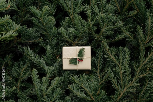 overhead view on spuce and thuja branches with Christmas gift box photo