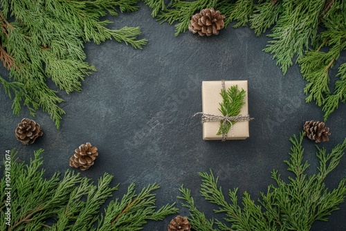 overhead view on spuce and thuja branches with Christmas gift box photo