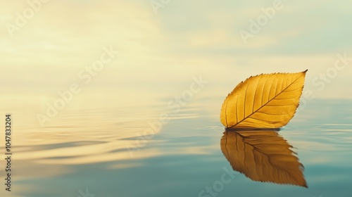 A golden leaf drifting on calm water, with minimalist composition highlighting simplicity and the peaceful beauty of nature