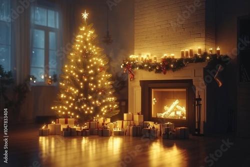 Christmas Tree With Illumination Near the Fireplace. Home Decor 