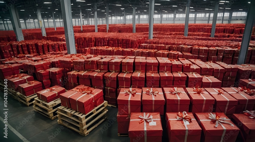 Naklejka premium Warehouse Filled with Red and Green Christmas Gifts, Symbolizing Holiday Festivity .