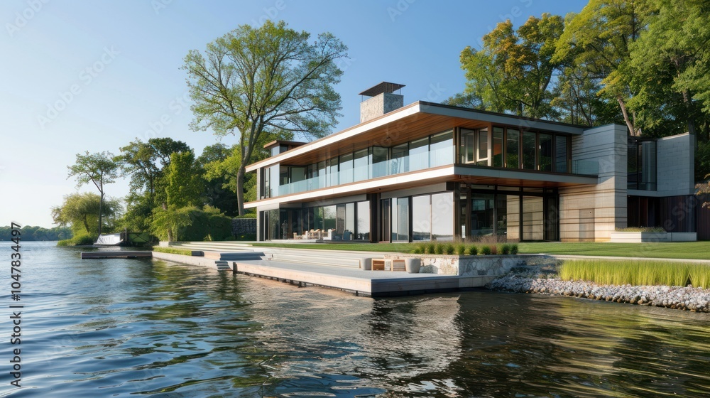 Modern Waterfront Home with Expansive Glass Windows and Dock Modern Waterfront Home with Expansive Glass Windows and Dock