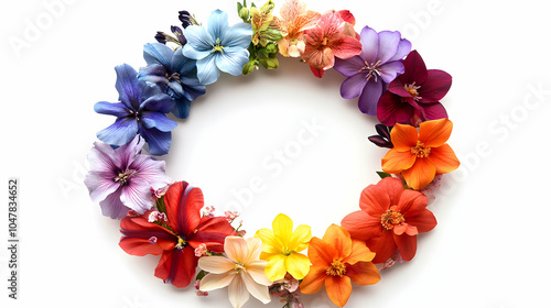 Colorful Round Wreath of Rainbow Flowers with Blank Space for Text or Design