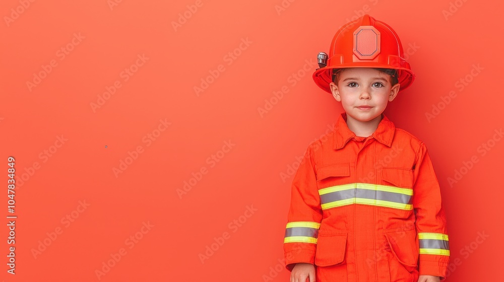Young boy in bright firefighter uniform and helmet against a vibrant orange background. Young boy in bright firefighter uniform and helmet against a vibrant orange background.