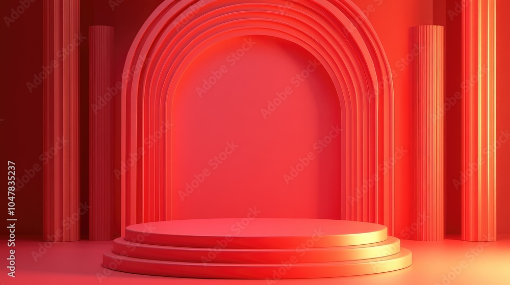 Red Abstract Background with a Circular Platform and Pillars Red Abstract Background with a Circular Platform and Pillars