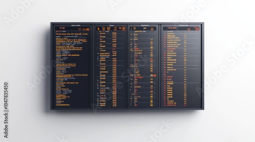 Flight departure board showing flight statuses, gates, and times, isolated on white background