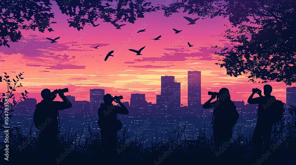 Urban birdwatchers in city park at dawn, modern skyline background, compact travel binoculars, casual outdoor wear, lifestyle scene Urban birdwatchers in city park at dawn, modern skyline background, compact travel binoculars, casual outdoor wear, lifestyle scene