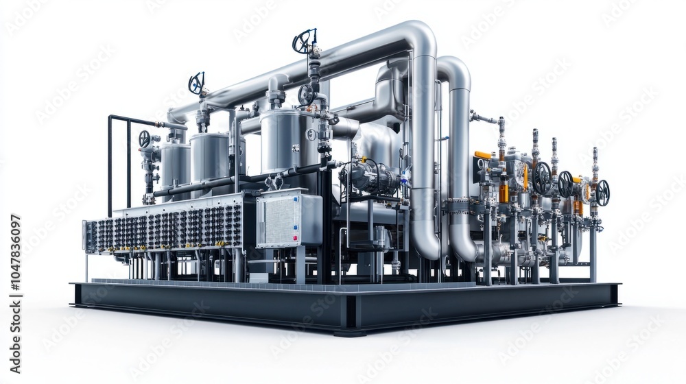 Industrial oil refinery cooling system with metallic pipelines, isolated on white background Industrial oil refinery cooling system with metallic pipelines, isolated on white background