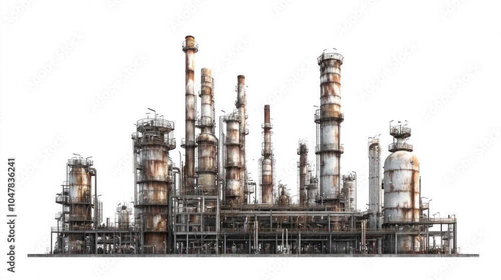 Industrial oil refinery structure with tanks and chimneys, isolated on white background