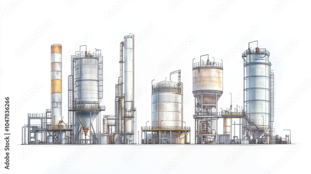Obraz premium Industrial oil refinery towers and pressure vessels with safety platforms, isolated on white background