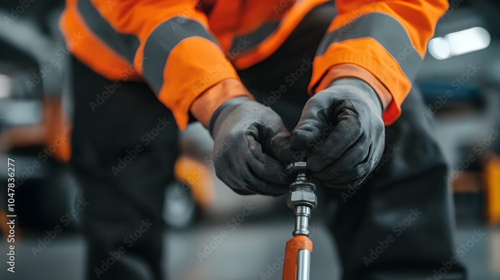Closeup of hands using a torque wrench to precisely adjust and tighten an aircraft landing gear bolt focusing on the tools hardware and intricate mechanical details of the maintenance process Closeup of hands using a torque wrench to precisely adjust and tighten an aircraft landing gear bolt focusing on the tools hardware and intricate mechanical details of the maintenance process