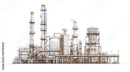 Industrial oil refinery structure with tanks and chimneys, isolated on white background