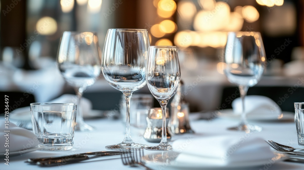 Large corporate event hall with ambient lighting and sophisticated dinner setups, featuring crystal glassware and silver accents, isolated on white Large corporate event hall with ambient lighting and sophisticated dinner setups, featuring crystal glassware and silver accents, isolated on white