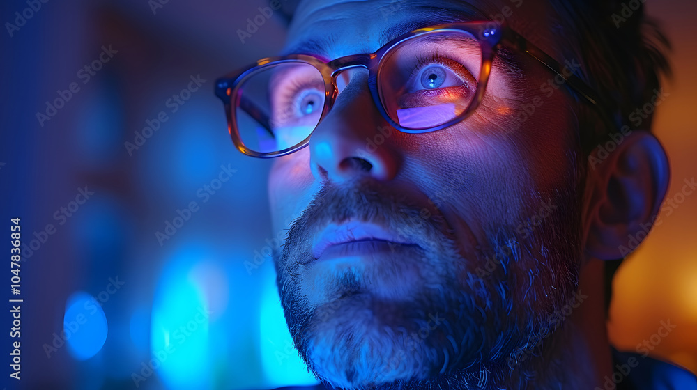Close-up of a man with glasses, gazing upwards in vibrant blue and purple lighting, creating a futuristic and contemplative mood Close-up of a man with glasses, gazing upwards in vibrant blue and purple lighting, creating a futuristic and contemplative mood
