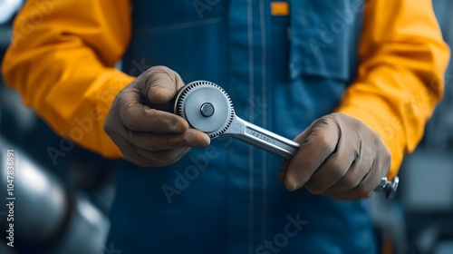 Close up view of an experienced engineer s hands carefully using a specialized torque wrench to tighten bolts on the intricate components of a jet engine